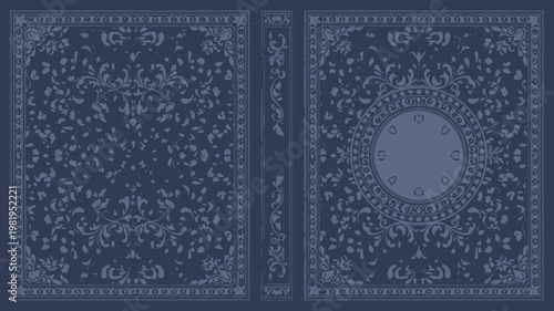 An elegant blue book cover showcases intricate floral and scrollwork patterns with a central frame.