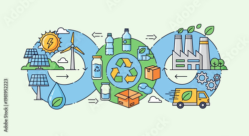 Sustainable production and recycling loop with renewable energy and eco-friendly industry