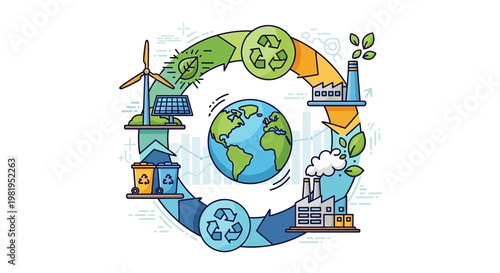 Sustainable Earth Cycle: Renewable Energy, Industry, and Recycling Concept