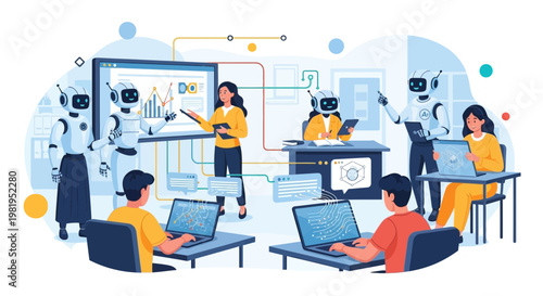 Robots and students learning AI and programming in a modern classroom with interactive screens