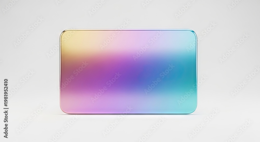 Fototapeta premium 3D Rendering of a Blank Iridescent Credit Card or Rectangular Glass Plaque with Vibrant Gradient on White Background