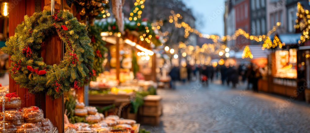 Fototapeta premium Christmas Market Wreath with Festive Lights for Holiday Shopping and Winter Street Atmosphere
