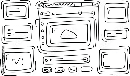 Hand drawn sketch showing user interface elements for website development and application structure planning process