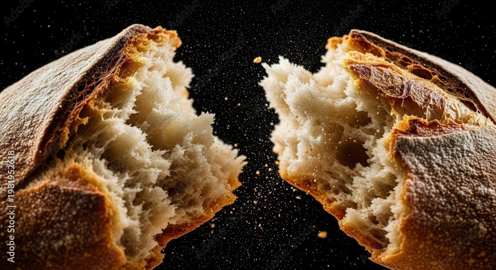 Fototapeta premium Artisan Bread Torn Apart with Flour Dusting on Black Background