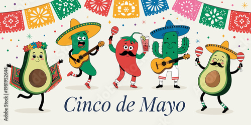 A vector illustration celebrating Cinco de Mayo with Mexican cultural motifs and playful anthropomorphism for festive social media graphics, event invitations, or educational materials. 
