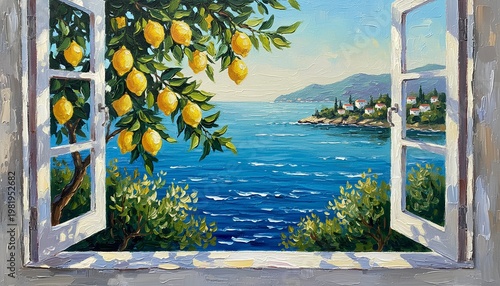 Mediterranean oil painting coastal lemon tree