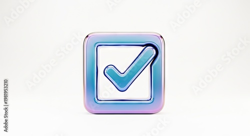 Iridescent 3D Checkmark Icon in a Square Box on White Background, Symbol for Completion, Approval and Task Verification
