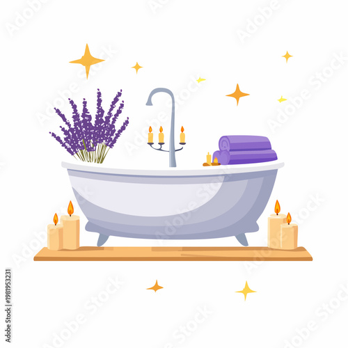 Badewanne mit Kerzen und Lavendelduft
