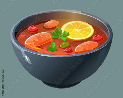 Hot seafood soup with shrimps and lemon slices in a black bowl for Asian cuisine restaurant menu - Vector Illustration