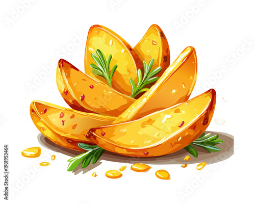 Crispy golden fried potato wedges seasoned with green herbs for fast food snack and restaurant side dish - Vector Illustration