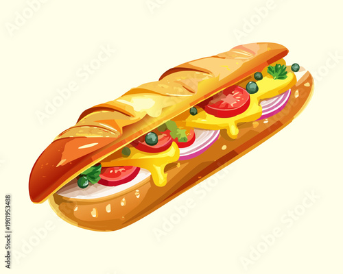 Long French baguette sandwich with fresh lettuce tomato and melted cheese for quick lunch and bakery shop - Vector Illustration