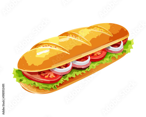 Sliced Italian sub sandwich with fresh vegetables and layers of meat for picnic lunch and food delivery - Vector Illustration