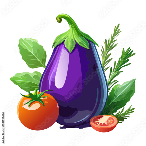 Ripe eggplant and tomatoes with aromatic herbs for healthy kitchen recipes and organic vegetable market - Vector Illustration