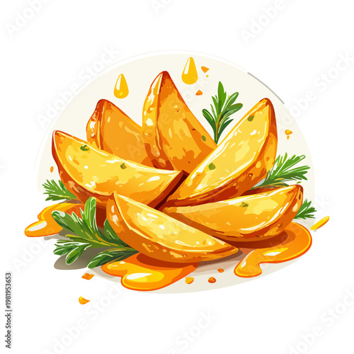 Golden baked potato wedges seasoned with parsley for restaurant side dish and delicious home cooking - Vector Illustration