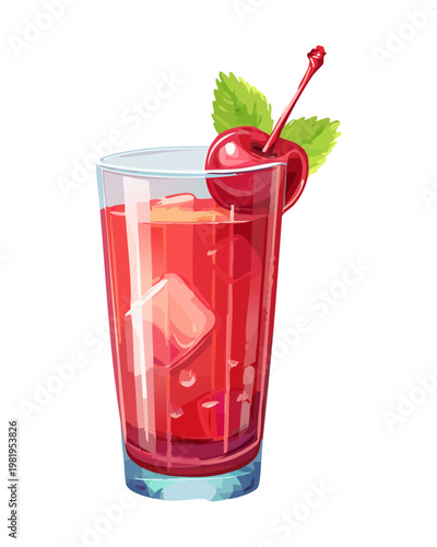 Red berry smoothie with fresh cherry garnish for healthy breakfast drink and organic juice bar menu - Vector Illustration