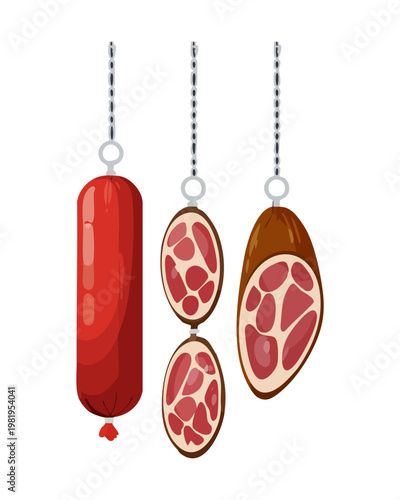 Various hanging dried sausages and salami links for traditional delicatessen and gourmet meat shop advertisement - Vector Illustration