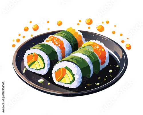Traditional korean gimbap seaweed rice rolls with vegetables on plate for delicious asian street food snack - Vector Illustration