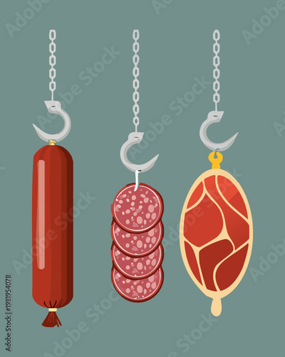 Assorted smoked sausages and cured meats hanging on hooks for rustic deli and butcher shop collection - Vector Illustration