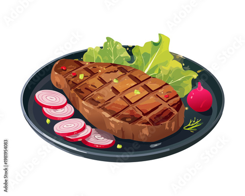 Thick cut grilled beef steak with tomato and onion rings for hearty meat lover dinner plate - Vector Illustration