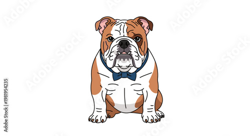 Cute English Bulldog Wearing a Blue Bow Tie, Sitting and Looking Forward, Cartoon Style