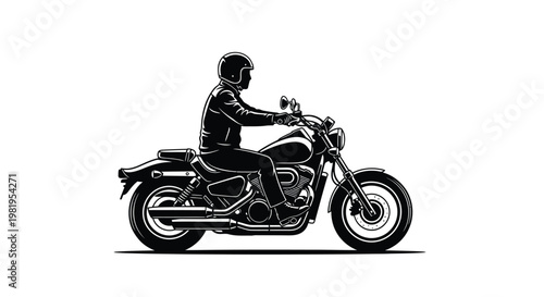Black and white vector illustration of a person riding a classic cruiser motorcycle with a helmet and jacket