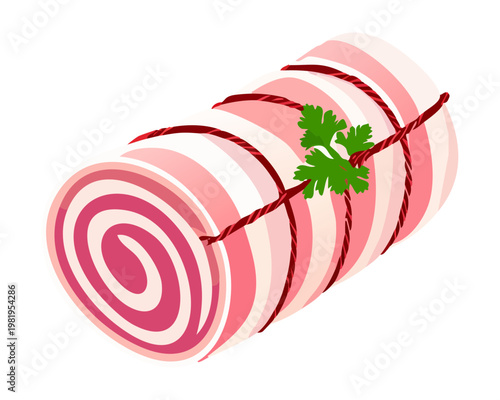 Rolled pork belly meat with herb garnish for roasting and preparing authentic traditional savory dishes - Vector Illustration