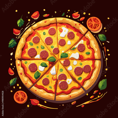Delicious pepperoni pizza on dark background for restaurant menu and italian fast food delivery service concept - Vector Illustration