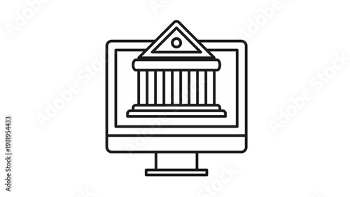 Online banking vector icon illustration. A black line art symbol of a classical bank building with columns on a computer monitor screen, representing digital finance, e-banking, and fintech.