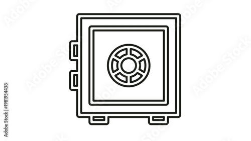 Minimalist black line art vector icon illustration of a heavy metal bank safe vault with a combination lock dial for secure storage of money, gold, and valuable financial assets.
