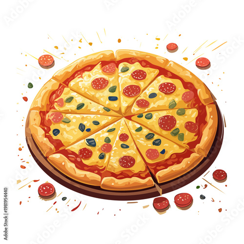 Whole italian pizza with pepperoni cheese and basil garnish for tasty dinner and family meal time - Vector Illustration