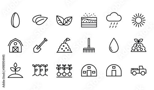 Collection of black and white line representing farming agriculture and gardening