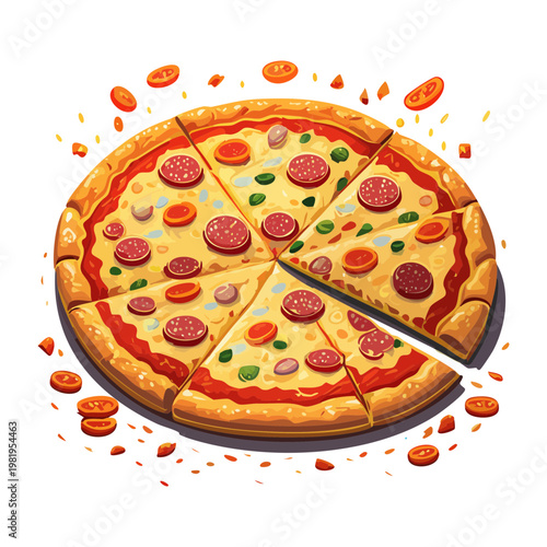 Fresh baked pizza with pepperoni and melted cheese slices for hungry food lovers and party catering - Vector Illustration