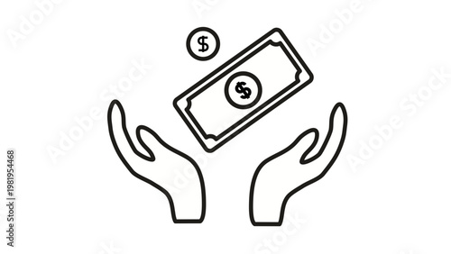 Black line art vector icon illustration of two hands cupped together catching or holding a falling dollar bill and a coin, representing financial aid, donation, charity, or earning money.