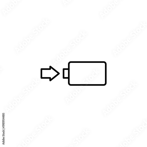 Minimalist battery icon with an arrow pointing towards it. Flat outline vector illustration representing battery charging, energy input, power supply, or data storage loading.
