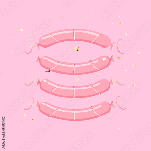 Fresh raw cocktail sausages linked together in pink row for breakfast meal and outdoor grilling party snacks - Vector Illustration