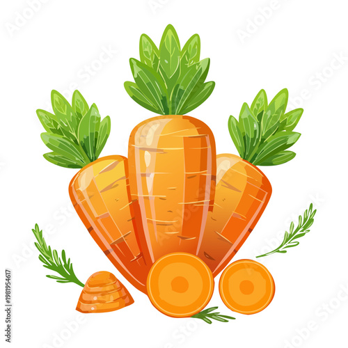 Group of fresh carrots with green leaves for healthy vegetable salad and organic nutrition diet plan - Vector Illustration