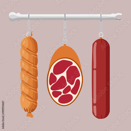 Assorted hanging salami and smoked sausages for deli shop menu and gourmet appetizer platter with traditional meat - Vector Illustration