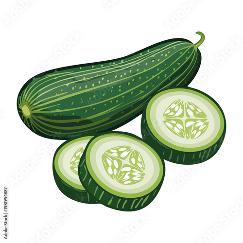Whole fresh green cucumber and sliced pieces for healthy salad ingredient and organic vegetable diet for nutrition - Vector Illustration