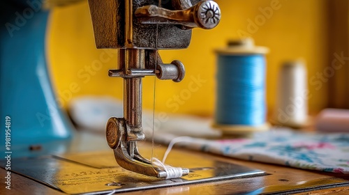 Close-up view of a vintage sewing machine, needle and thread in focus with yellow background