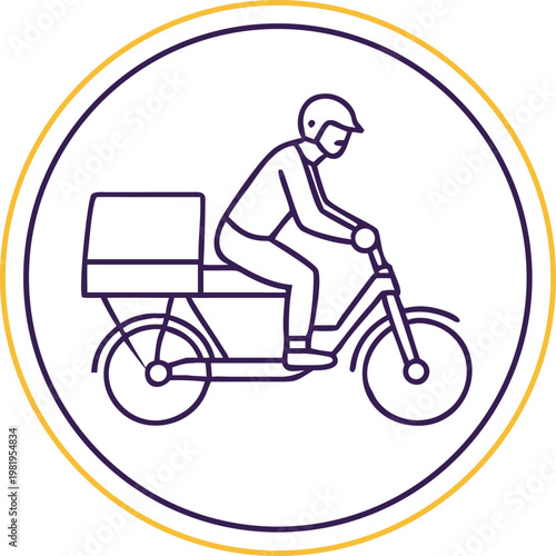 Delivery person riding motorcycle with package in circular rider