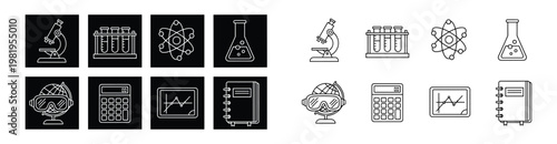 Black and white of science equipment laboratory supplies and data analysis tools