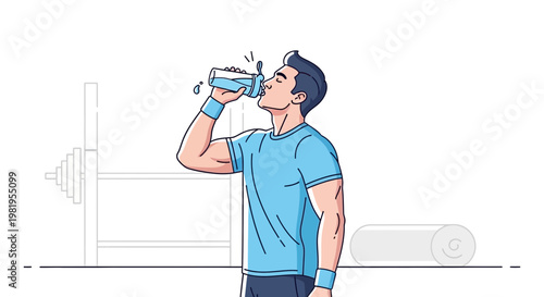 Fit man drinking water from bottle after workout in gym, fitness and health concept