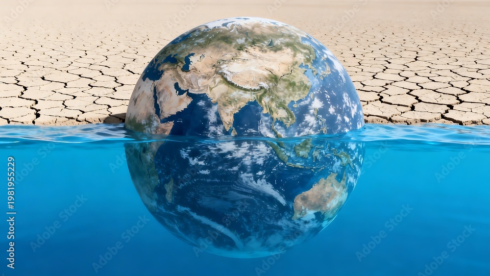 Fototapeta premium Earth partially submerged in water with dry cracked land