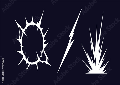 Lightning Bolt and Electric Energy Burst Icon Set – Thunder Strike Vector Collection On black bacground.