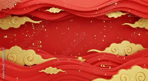 Red and gold traditional Chinese cloud pattern with wave motifs and sparkling accents