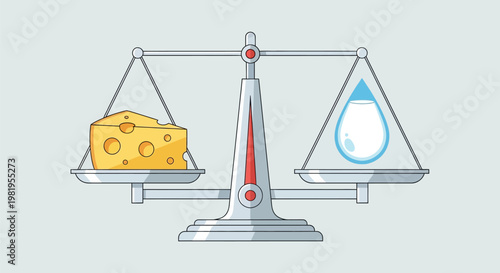 Balance scale showing cheese against water drop.