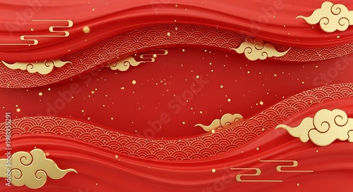 Red and gold decorative background with cloud motifs and wave patterns