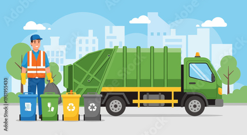Sanitation worker with garbage truck and recycling bins in a city
