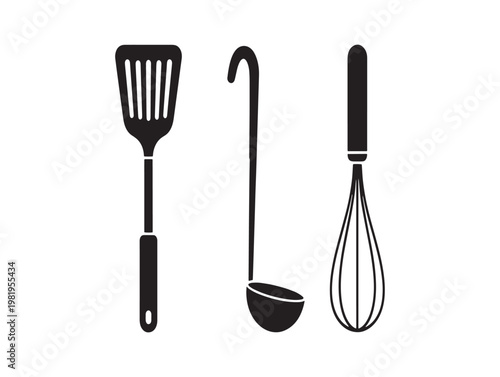 Black and white kitchen utensils spatula ladle and whisk minimalist design