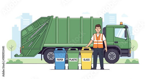 Garbage truck and worker sorting recycling bins: paper, plastic, glass for waste management